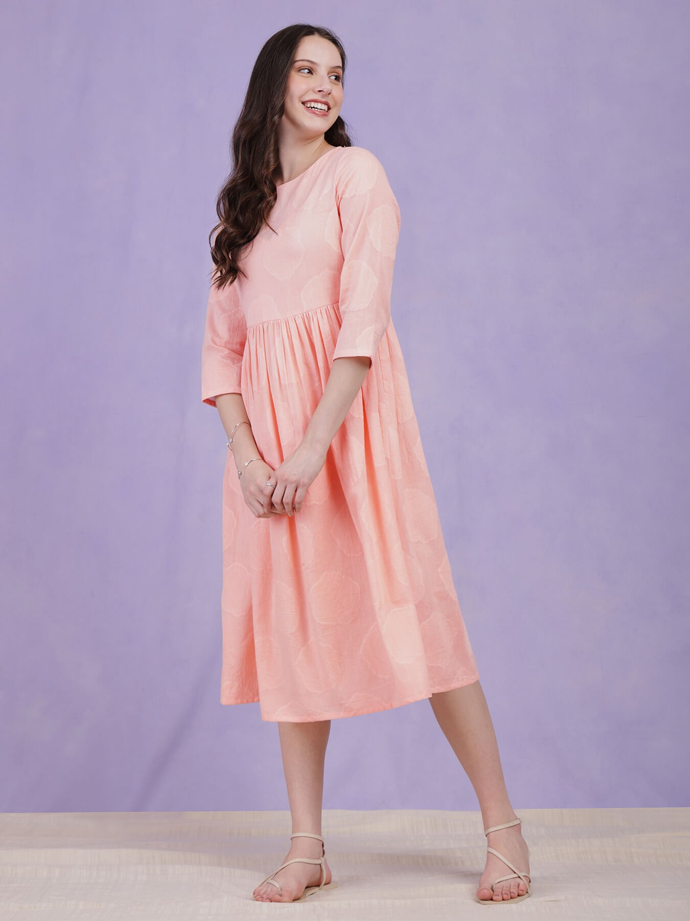 Cotton Jacquard Gathered Dress - Pink