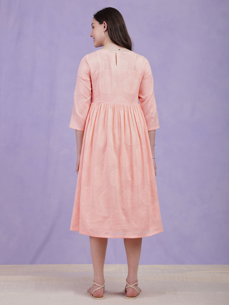 Cotton Jacquard Gathered Dress - Pink