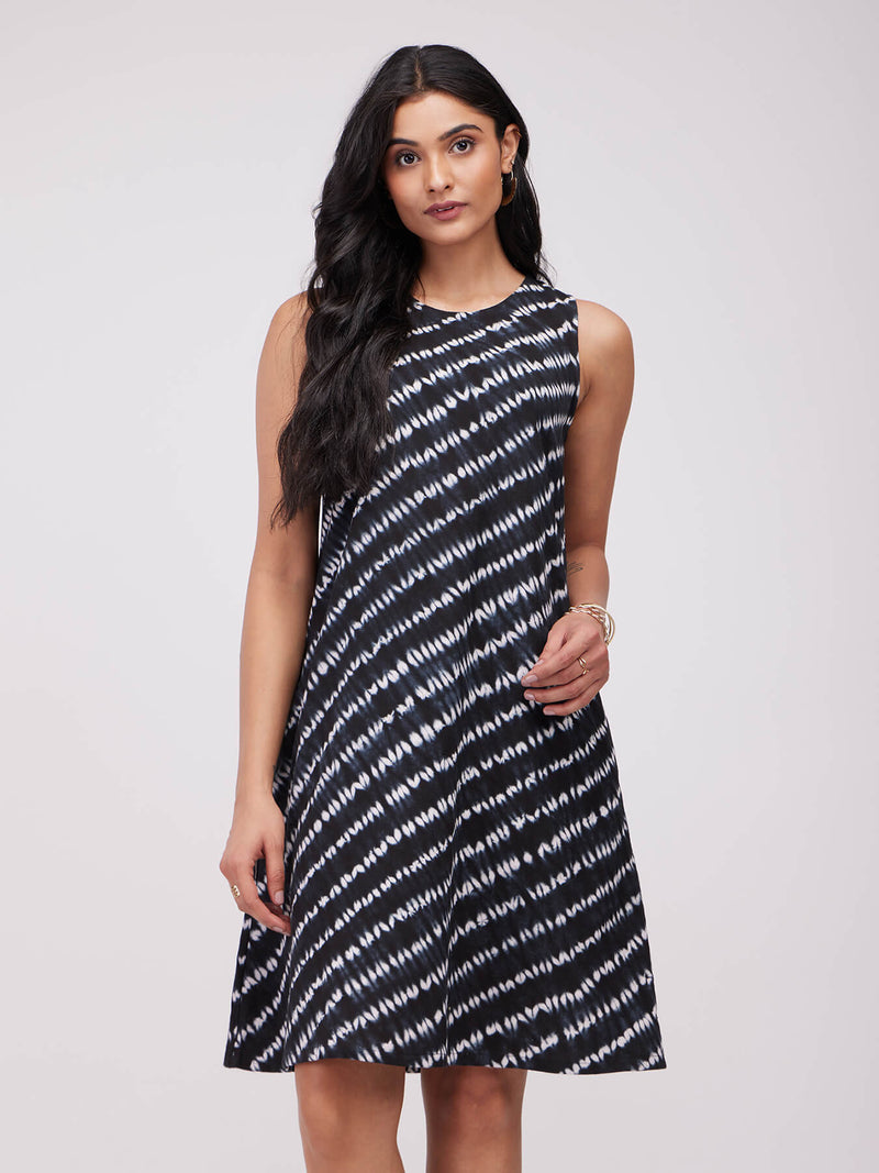 Cotton Shibori Striped Dress - Black