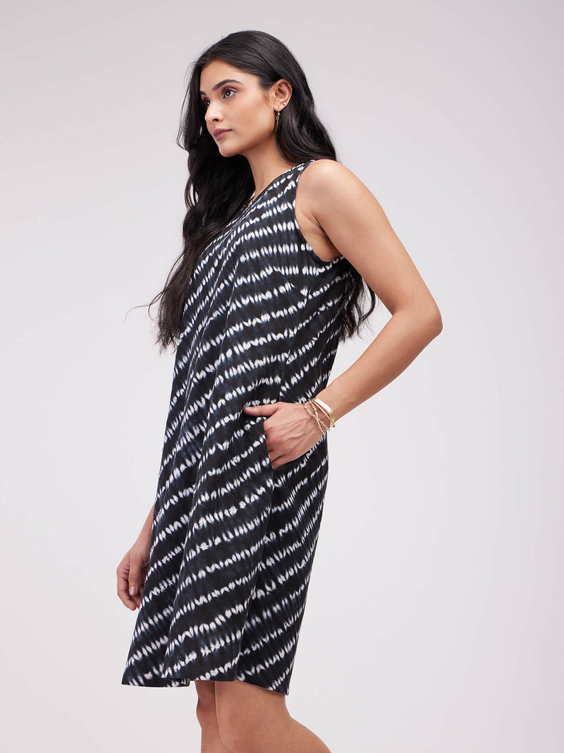 Cotton Shibori Striped Dress - Black