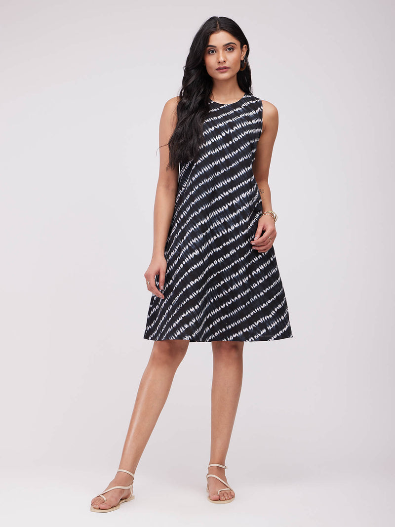 Cotton Shibori Striped Dress - Black