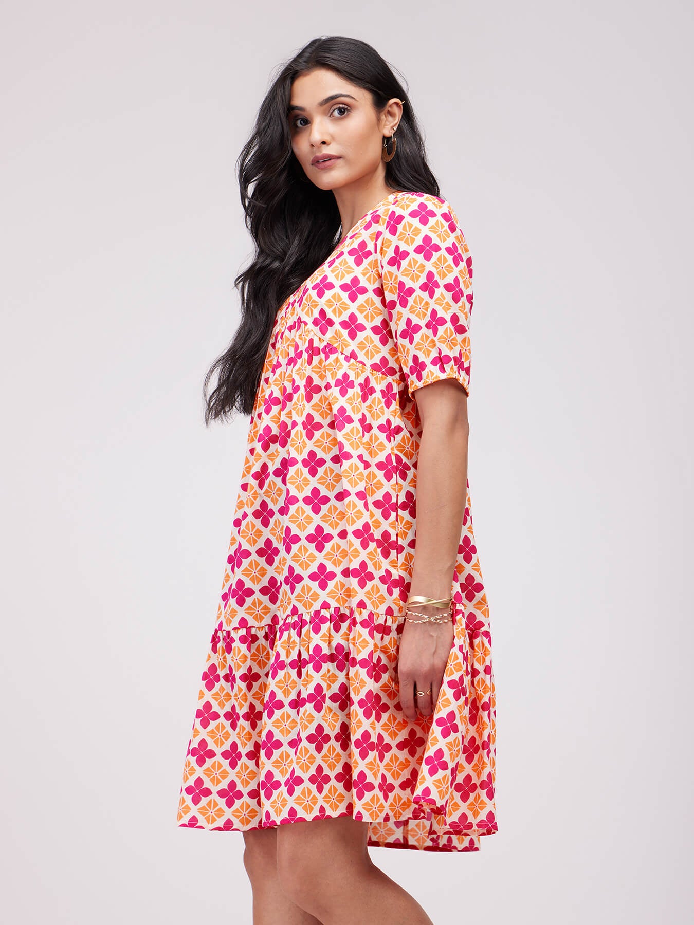 strapless open back dress Buy Orange & Pink Cotton Floral Tiered Dress Online