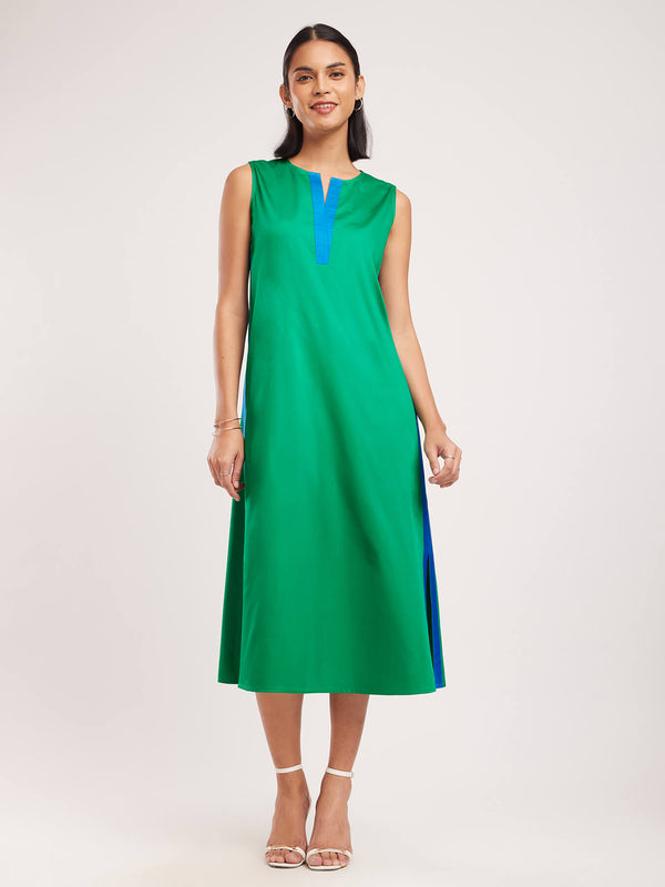 Cotton Satin Solid Sleeveless Dress - Green