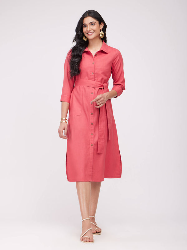 Cotton Solid Shirt Dress - Pink