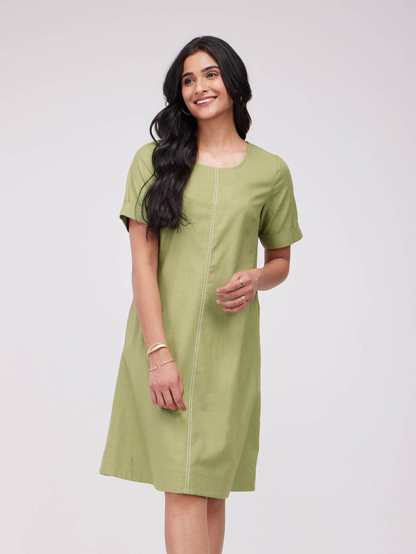 Cotton Solid Straight Dress - Green