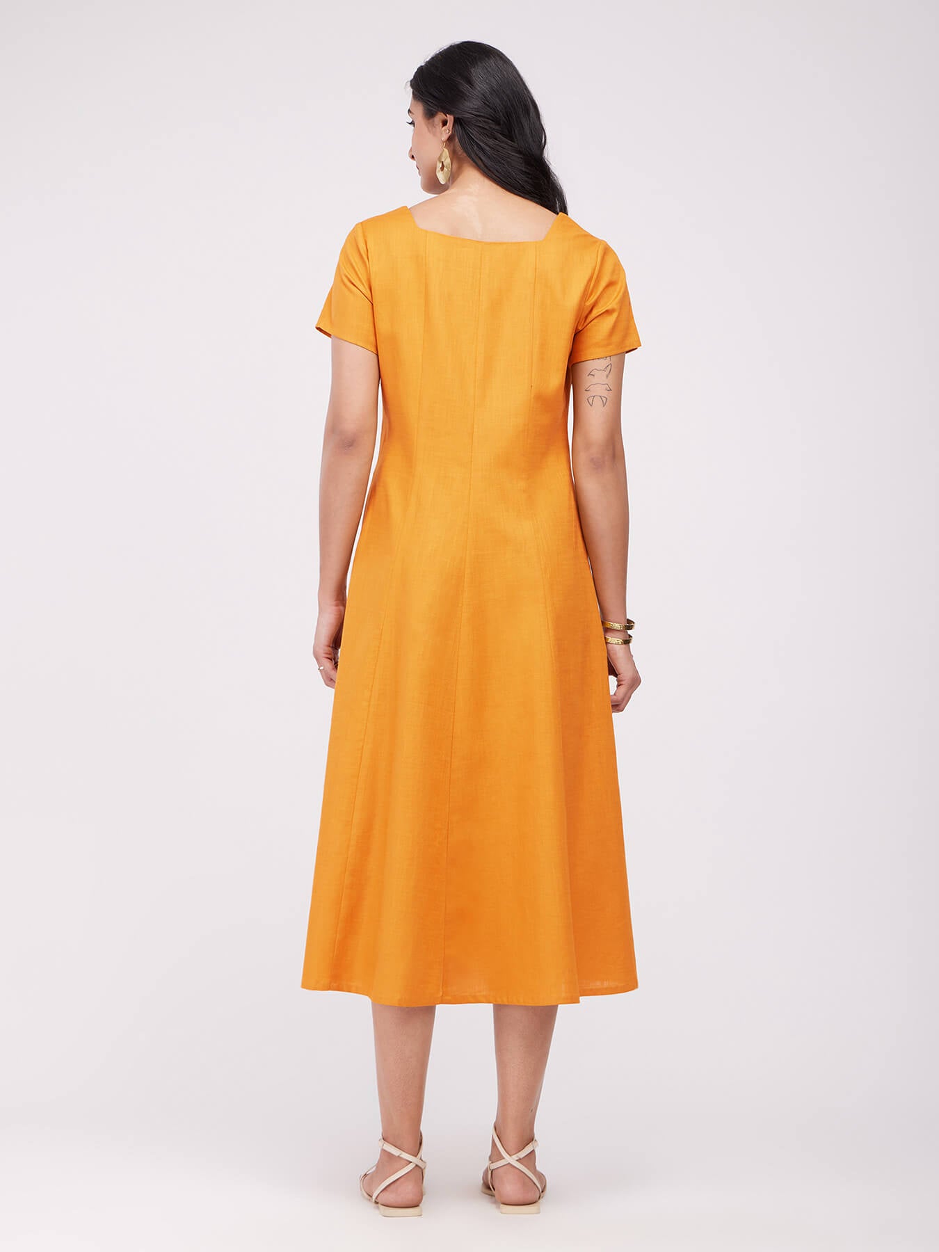 Cotton Solid A-Line Dress - Mustard