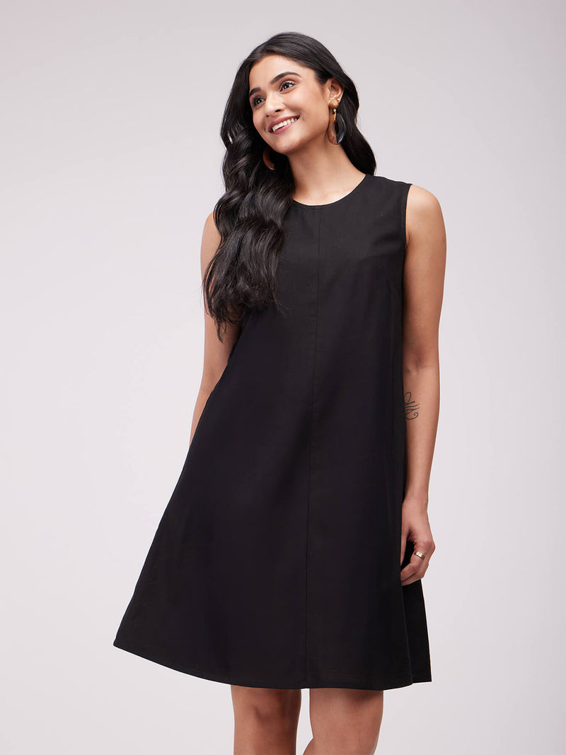 Cotton Solid A-Line Dress - Black