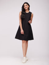 Cotton Solid A-Line Dress - Black