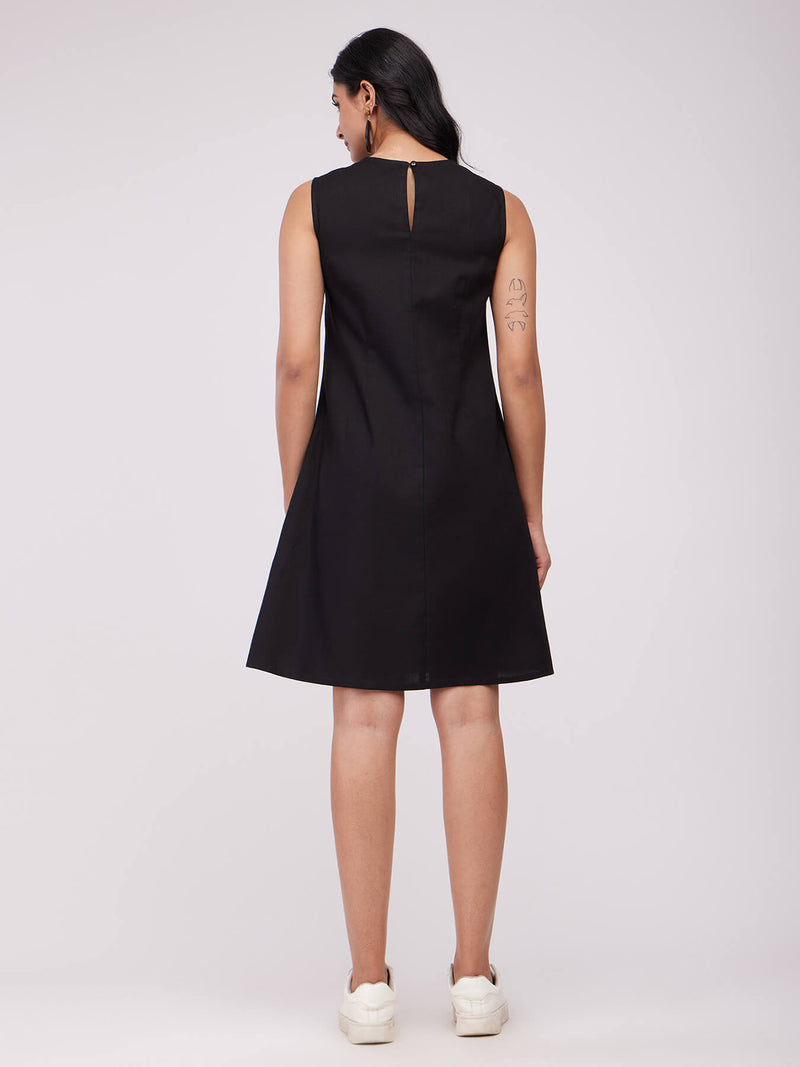 Cotton Solid A-Line Dress - Black