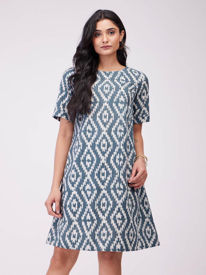 Cotton Dabu Geometric Print Dress - Grey