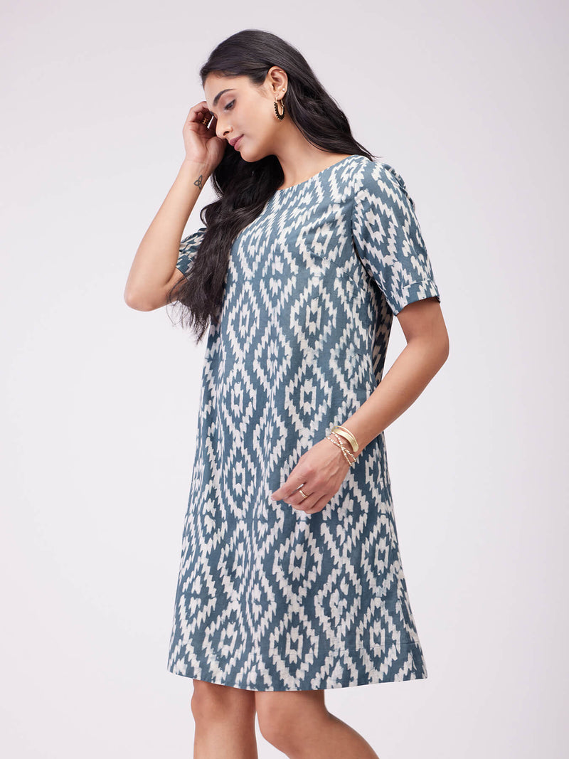 Cotton Dabu Geometric Print Dress - Grey