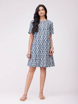 Cotton Dabu Geometric Print Dress - Grey