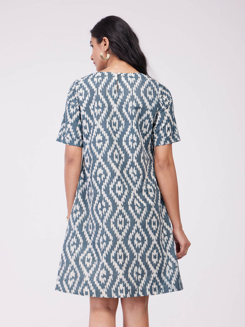 Cotton Dabu Geometric Print Dress - Grey