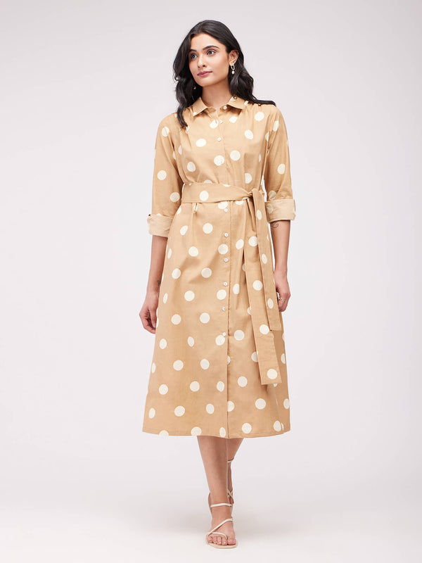 Cotton Polka Print Shirt Dress - Beige