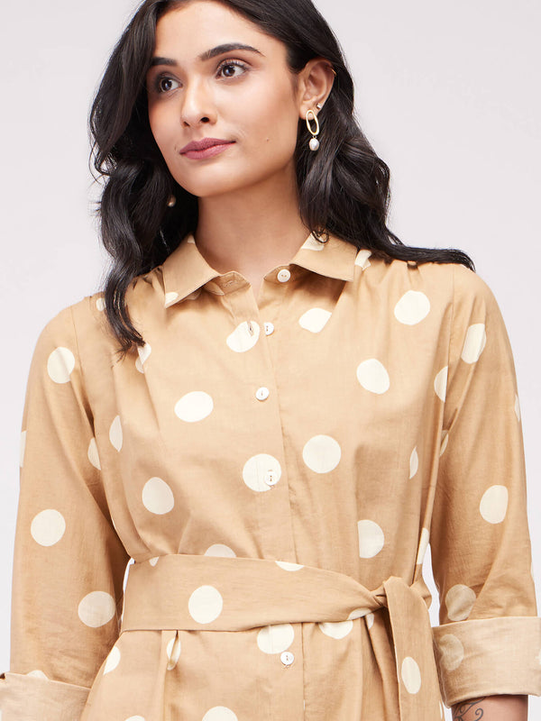 Cotton Polka Print Shirt Dress - Beige