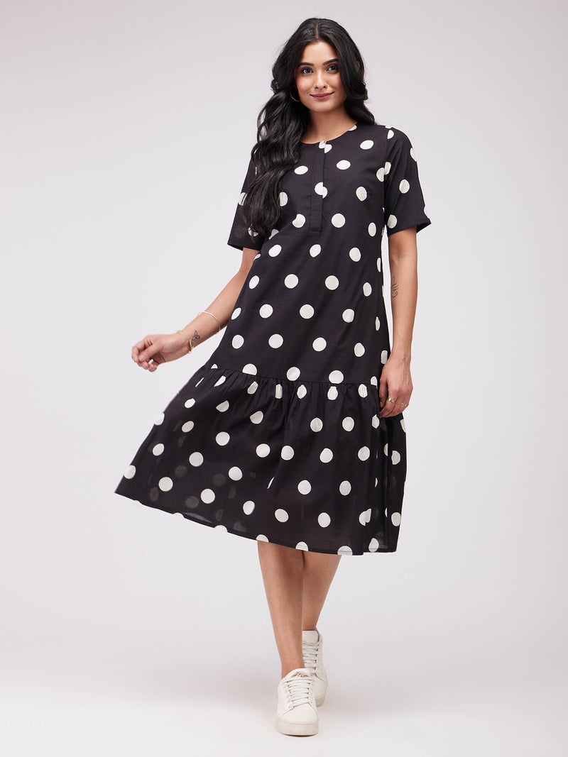 Cotton Polka Gathered Dress - Black