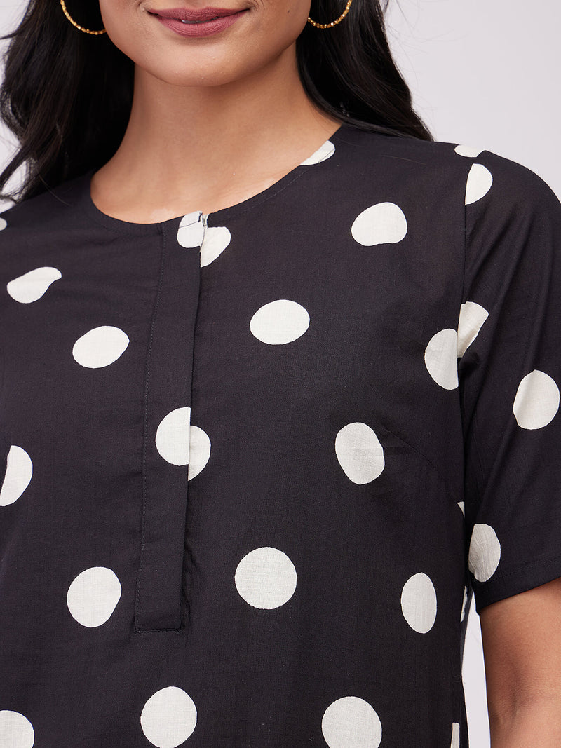 Cotton Polka Gathered Dress - Black