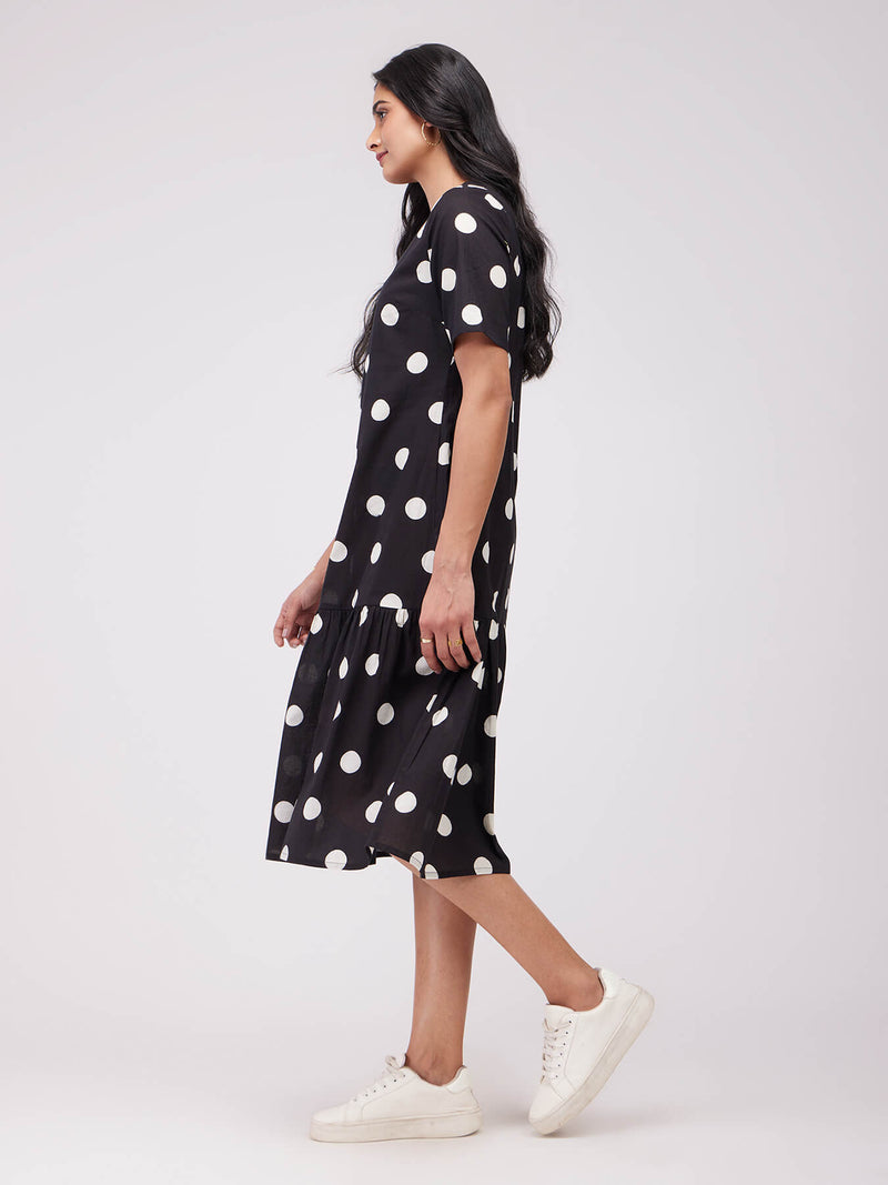 Cotton Polka Gathered Dress - Black