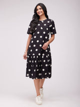 Cotton Polka Gathered Dress - Black