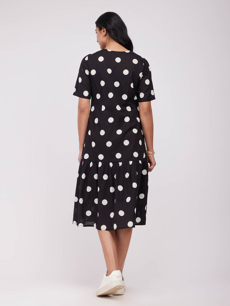 Cotton Polka Gathered Dress - Black