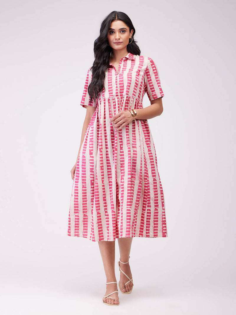 Cotton Dabu Striped Shirt Dress - Pink