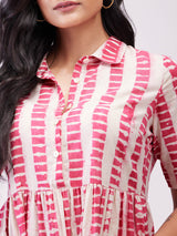 Cotton Dabu Striped Shirt Dress - Pink