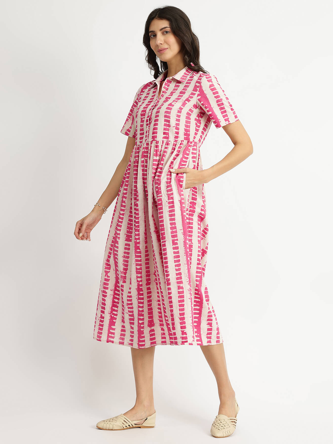 Cotton Dabu Striped Shirt Dress - Pink