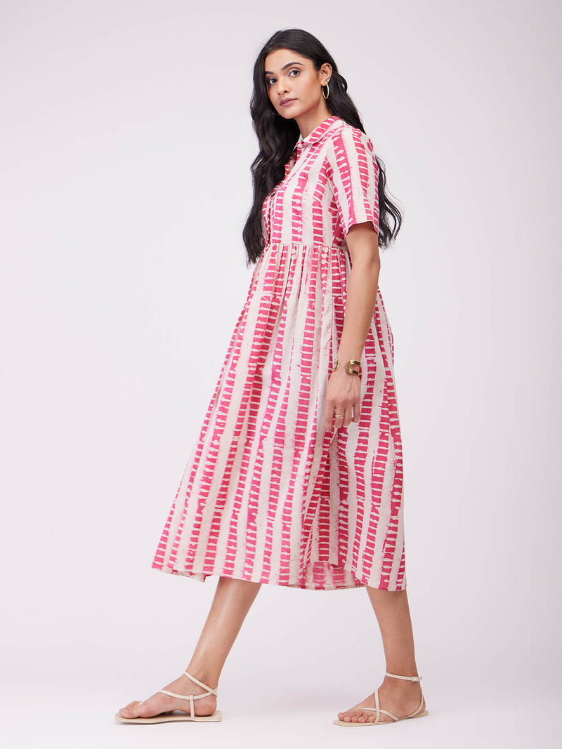 Cotton Dabu Striped Shirt Dress - Pink