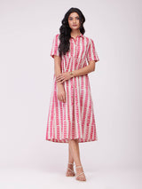 Cotton Dabu Striped Shirt Dress - Pink