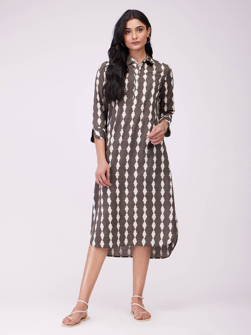 Cotton Dabu Abstract Print Dress - Brown