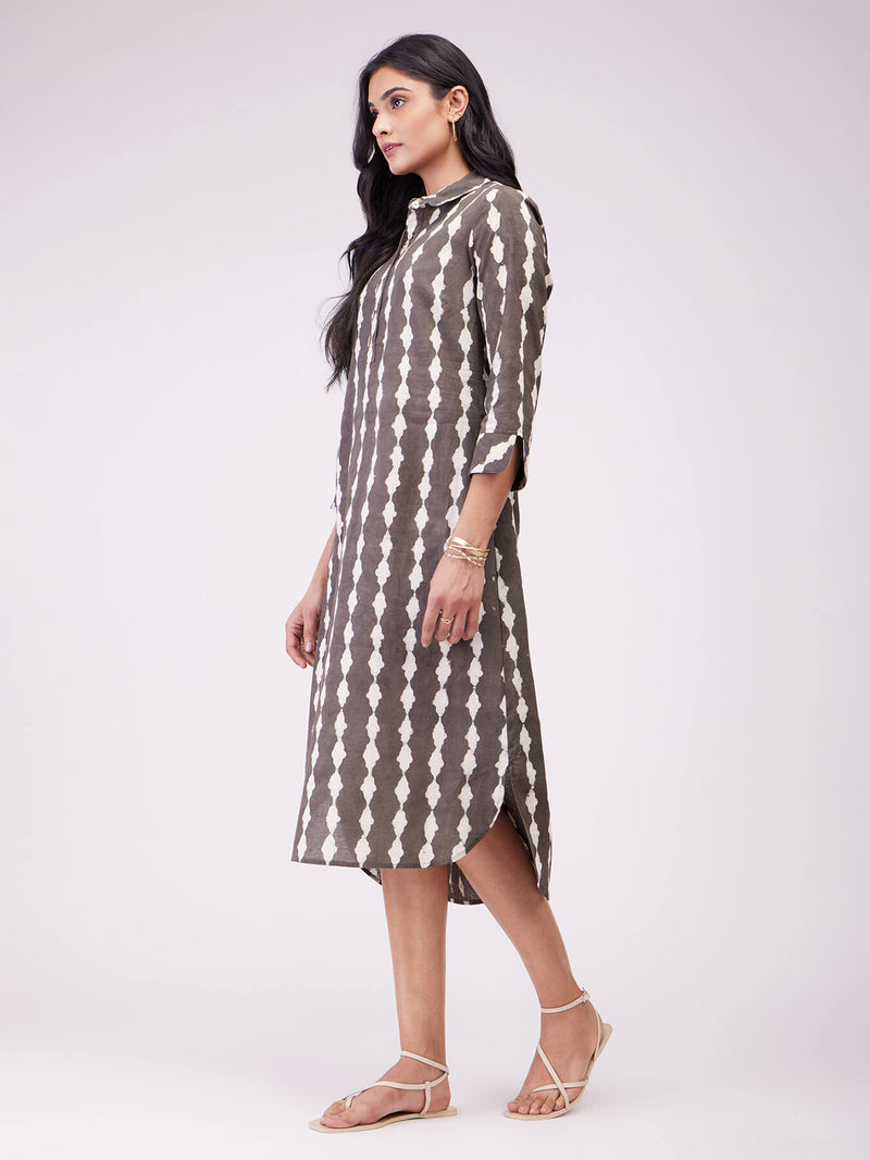 Cotton Dabu Abstract Print Dress - Brown