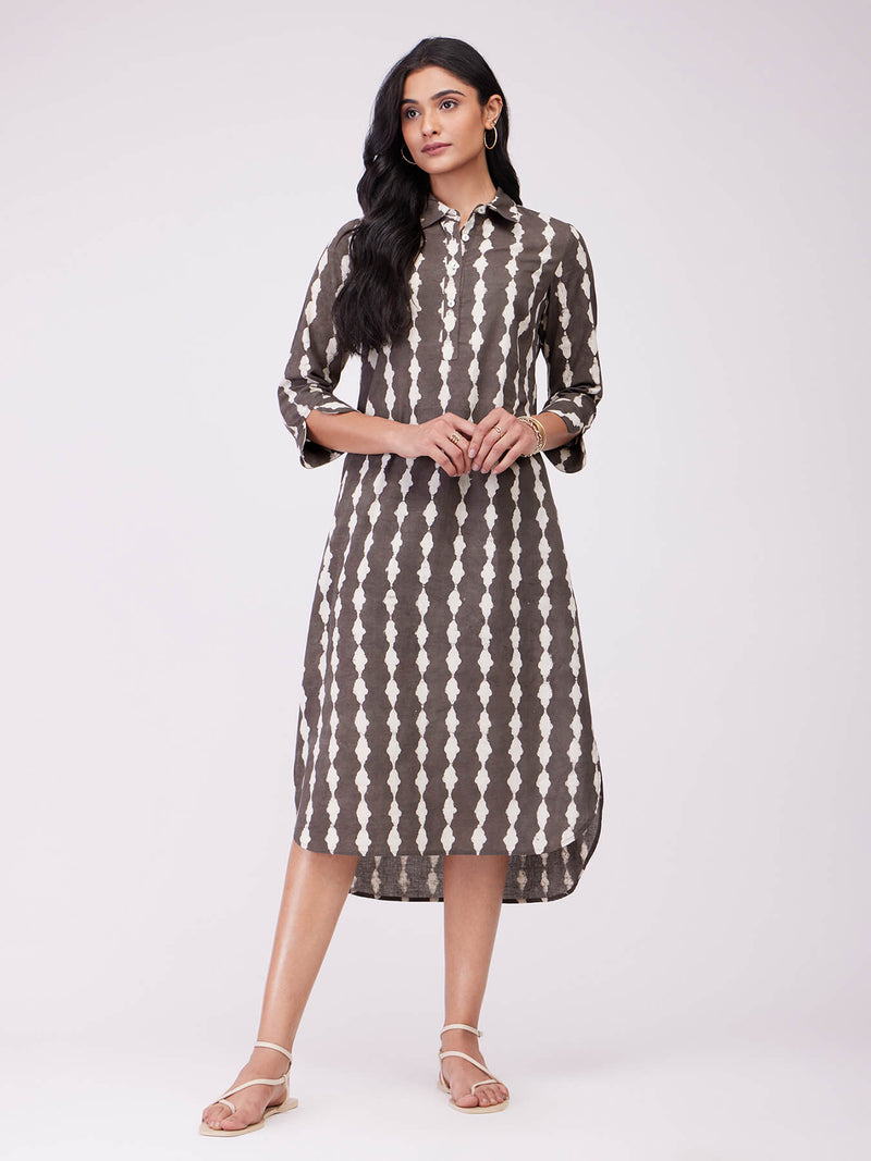 Cotton Dabu Abstract Print Dress - Brown