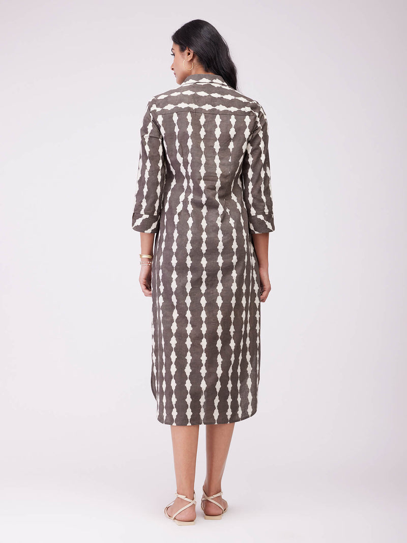 Cotton Dabu Abstract Print Dress - Brown