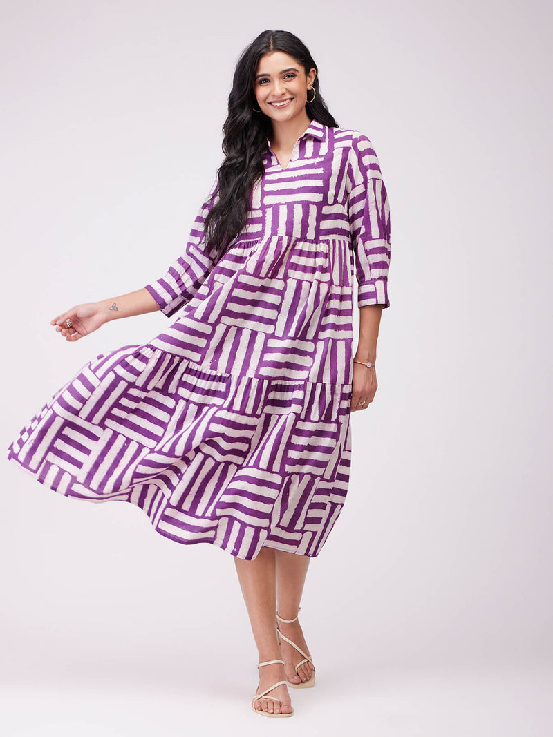 Cotton Dabu Stripe Play Dress - Purple