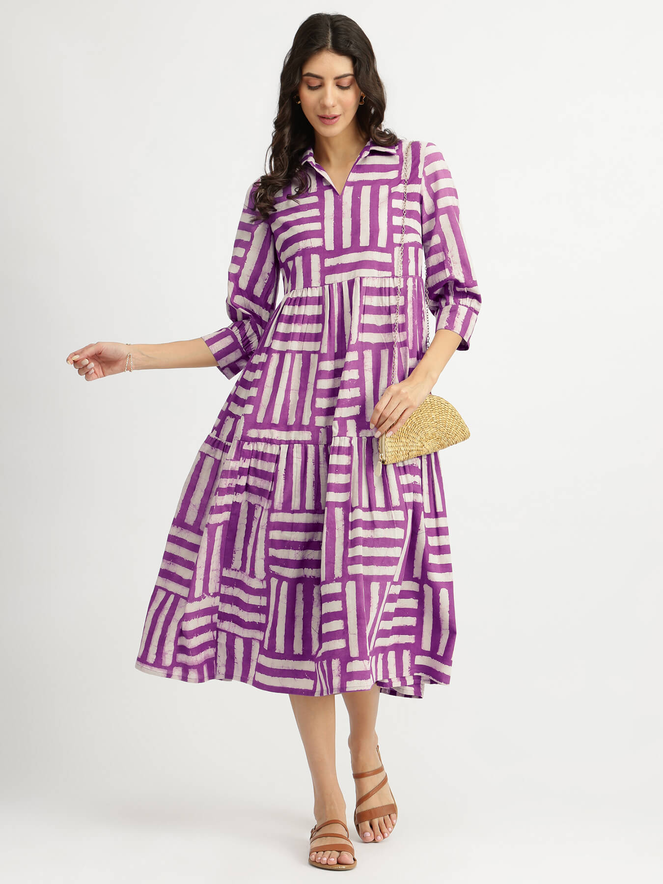 Cotton Dabu Stripe Play Dress - Purple