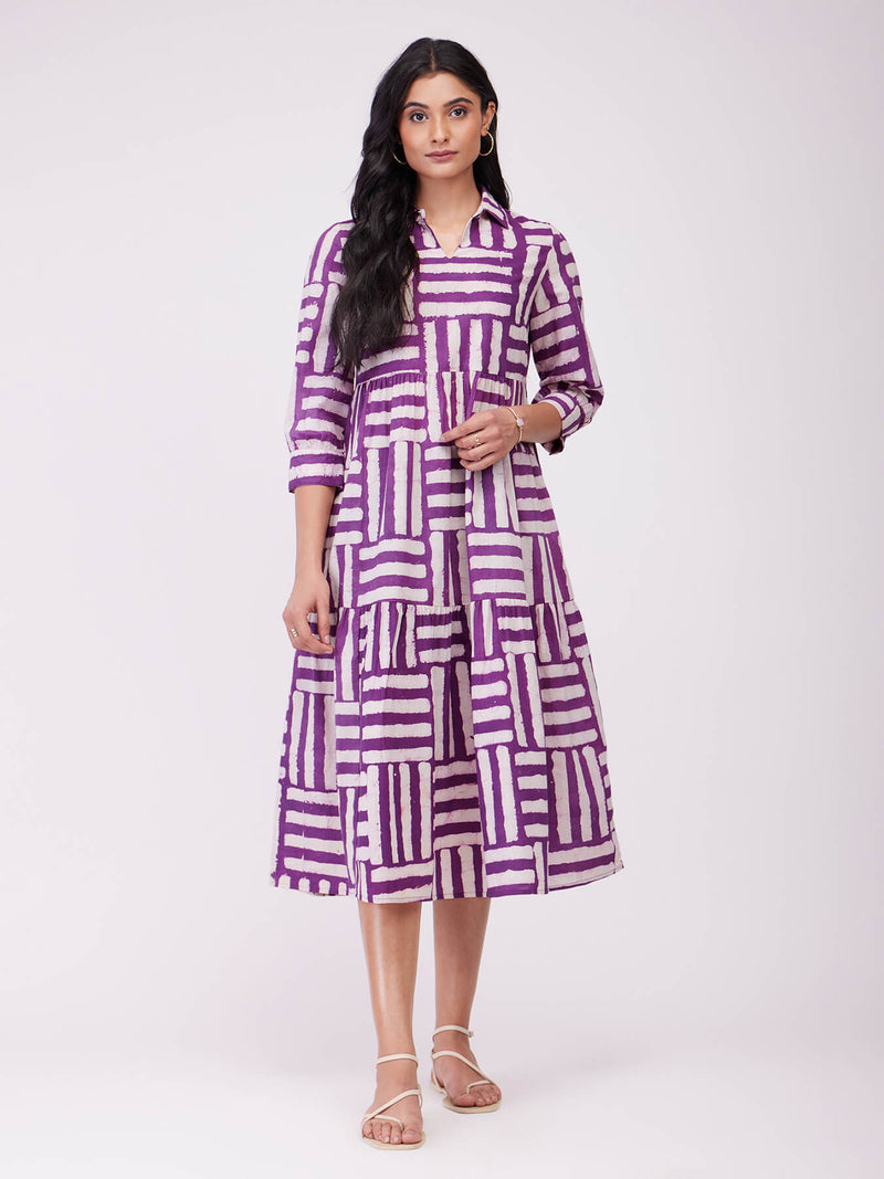 Cotton Dabu Stripe Play Dress - Purple