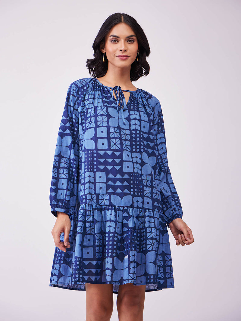 Cotton Geometric Gathered Dress - Blue