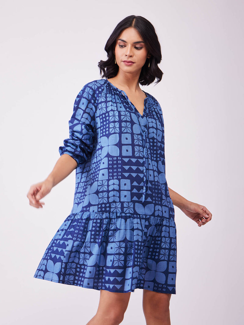 Cotton Geometric Gathered Dress - Blue