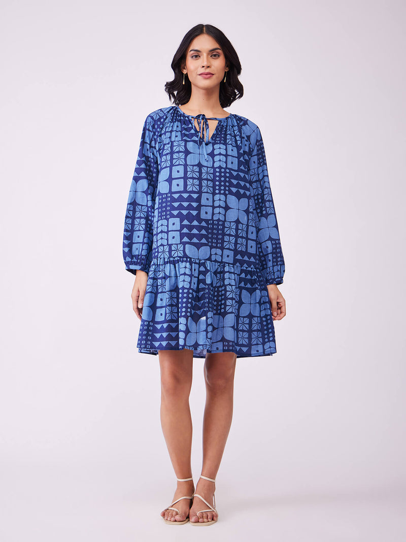 Cotton Geometric Gathered Dress - Blue