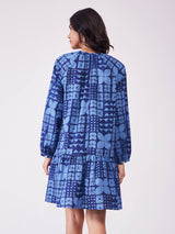 Cotton Geometric Gathered Dress - Blue