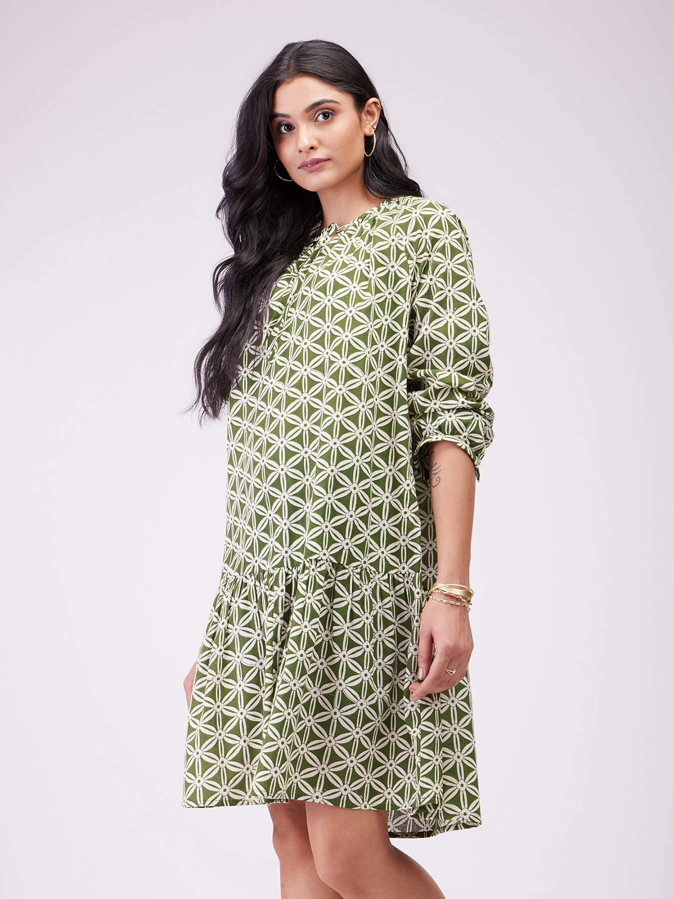 Cotton Geometric Tie-Up Dress - Olive