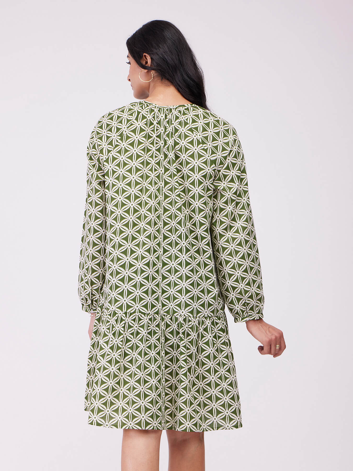 Cotton Geometric Tie-Up Dress - Olive