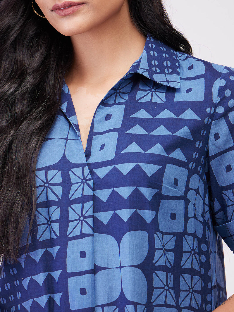 Cotton Geometric Shirt Dress - Blue