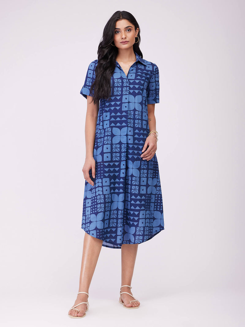 Cotton Geometric Shirt Dress - Blue