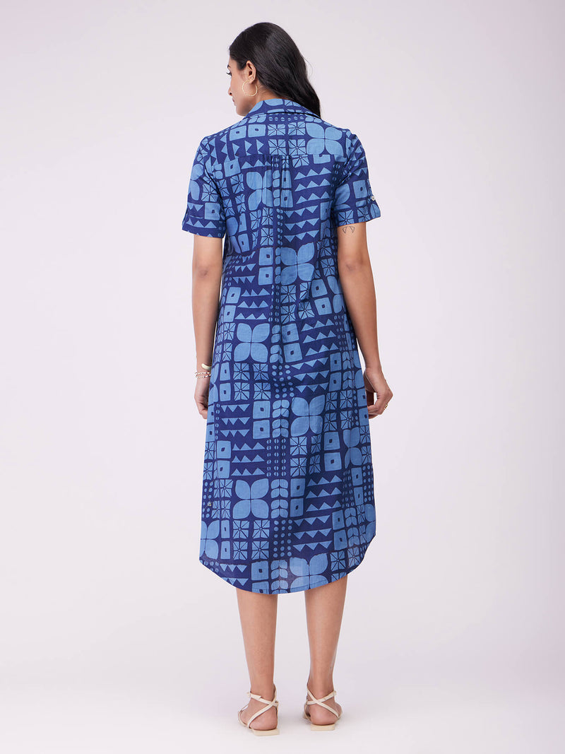 Cotton Geometric Shirt Dress - Blue