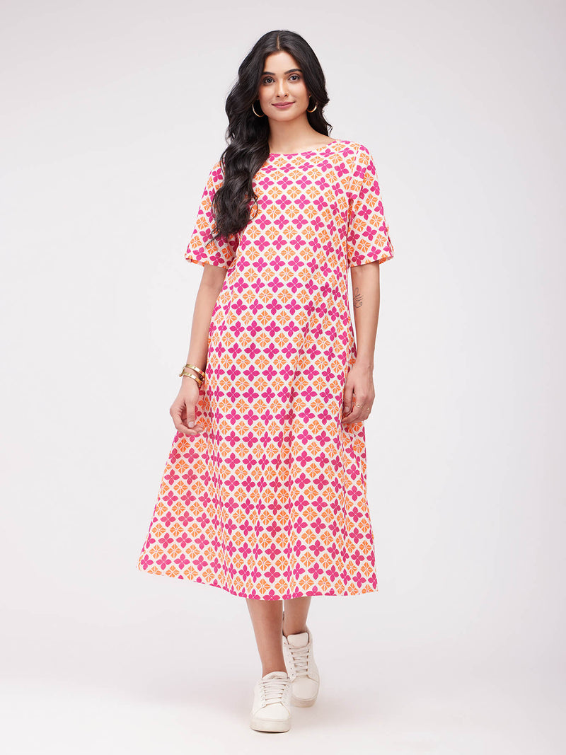 Cotton Floral A-Line Dress - Orange & Pink