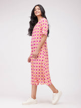 Cotton Floral A-Line Dress - Orange & Pink