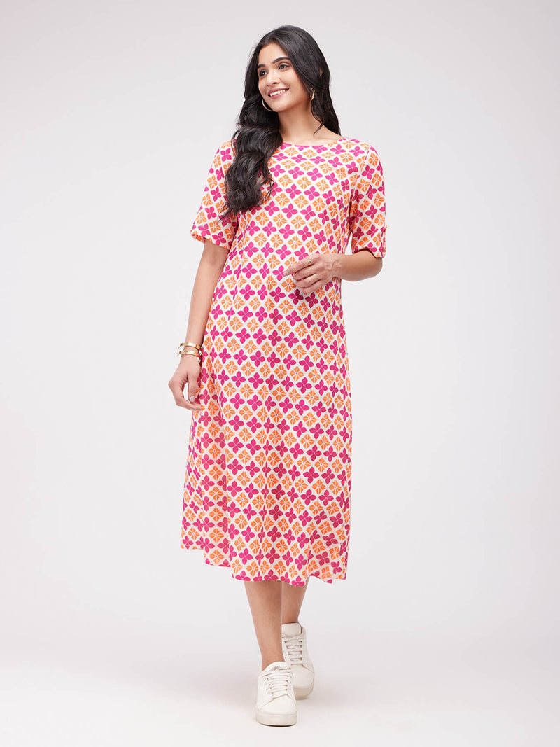 Cotton Floral A-Line Dress - Orange & Pink