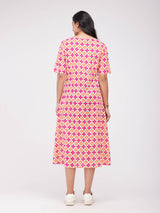 Cotton Floral A-Line Dress - Orange & Pink