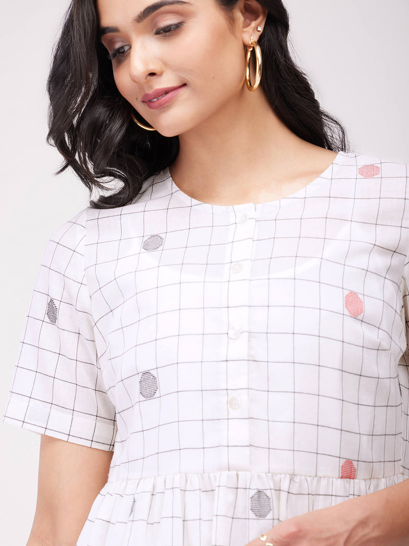 Cotton Checked Dress With Slip - White